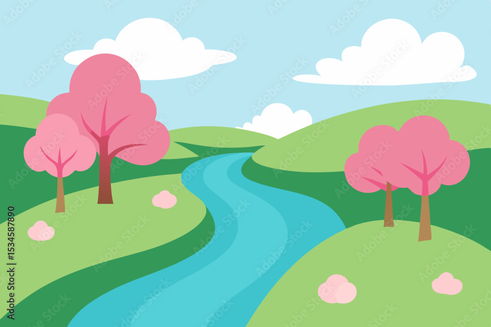 Fototapeta premium Serene Spring Landscape Pink Cherry Blossoms and Winding River