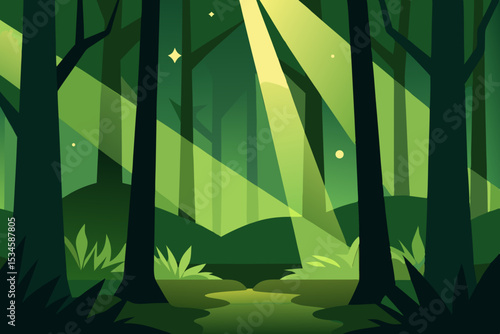Enchanted Forest Rays of Light Through the Trees, Mystical Green Landscape Illustration