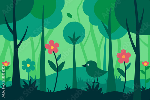 Serene Forest Illustration Birds, Flowers, and Lush Greenery