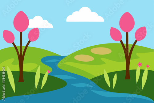 Serene Spring Landscape River, Blossoms, and Rolling Hills Illustration
