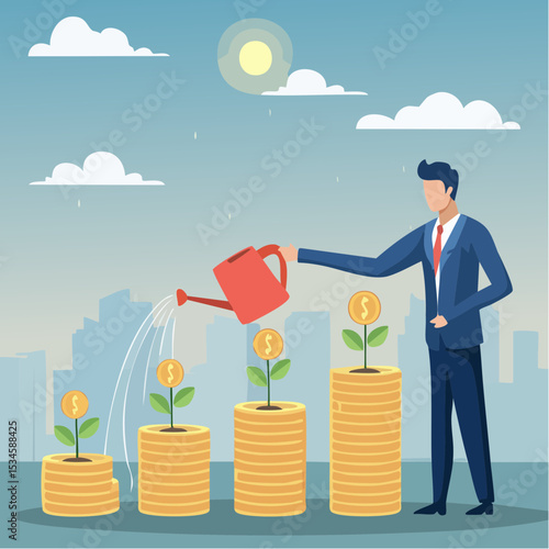 Money growth, growing investment profit or retirement pension fund, increase wealth and earning, income or revenue concept, businessman watering growing seedling with dollar money coin flowe