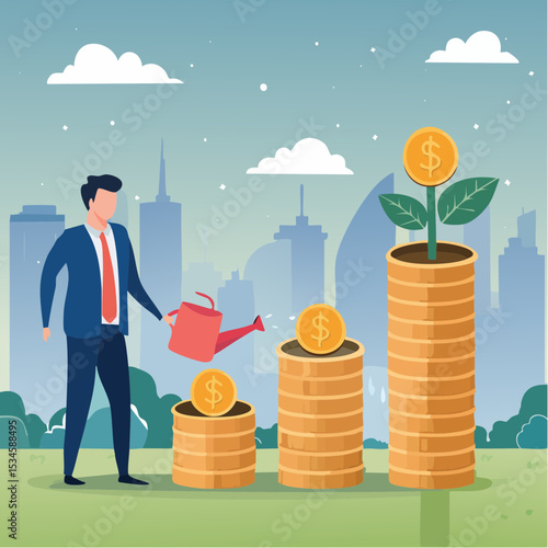 Money growth, growing investment profit or retirement pension fund, increase wealth and earning, income or revenue concept, businessman watering growing seedling with dollar money coin flowe