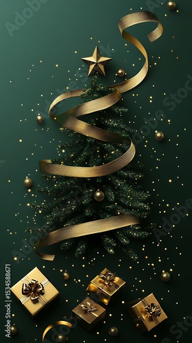 An elegant christmas tree with golden ribbon star presents and festive decorations on a green background