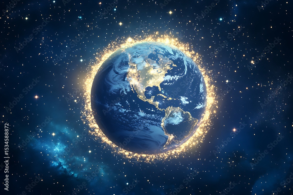 Fototapeta premium Earth view from space with glowing lights around the planet and stars in the dark blue background