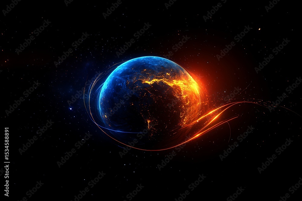 Fototapeta premium A vibrant planet in space with glowing orange and blue hues surrounded by flowing light trails