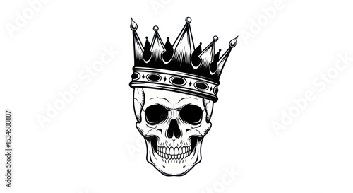 Majestic Skull with Crown Black and White Illustration