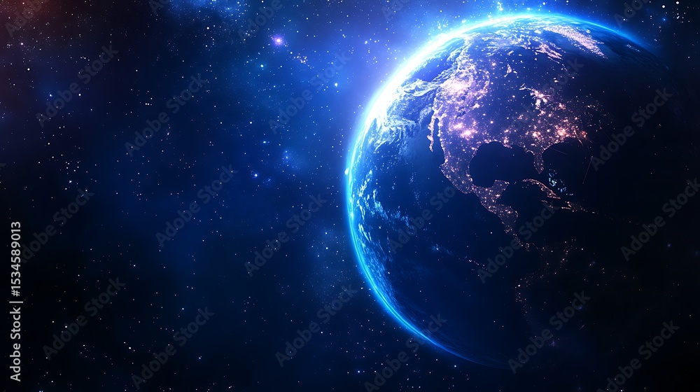 Obraz premium A view of earth from space showing city lights and a blue atmosphere with stars in the background