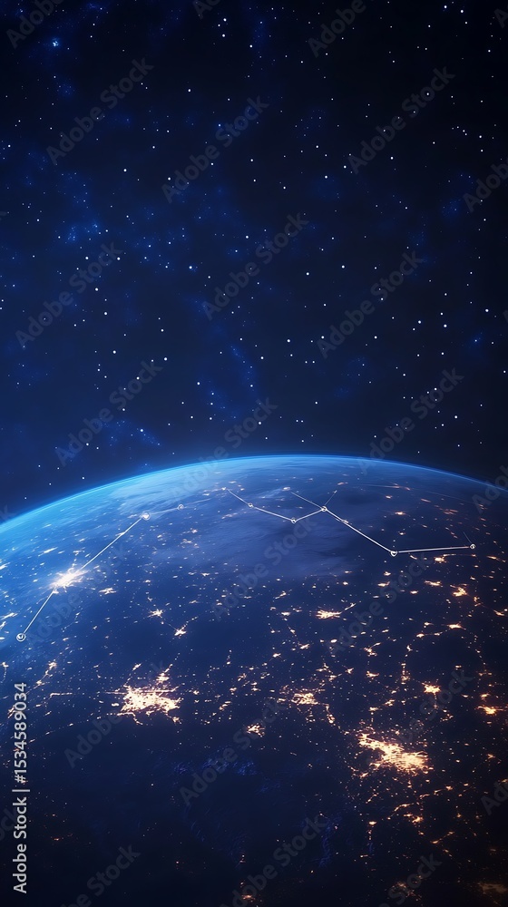 Obraz premium Aerial view of earth at night showing city lights and constellations in the dark starry sky above