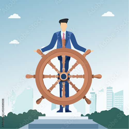 Leadership to lead company direction, vision to see opportunity, skill to overcome challenge or decision to control and drive growth concept, businessman captain control rudder helm on growth arro