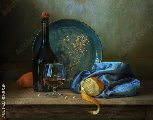 still life with lemons and a bottle of wine