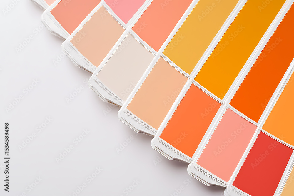 Fototapeta premium Color Palette: A spectrum of warm tones from light peach to fiery orange on crisp white, hinting at design possibilities. A designer's dream.