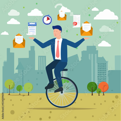 Productive master, productivity and project management skill, multitasking work and time management concept, skillful businessman riding unicycle juggling elements, laptop, calendar, ideas and email