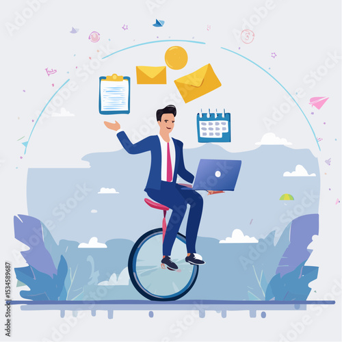 Productive master, productivity and project management skill, multitasking work and time management concept, skillful businessman riding unicycle juggling elements, laptop, calendar, ideas and email