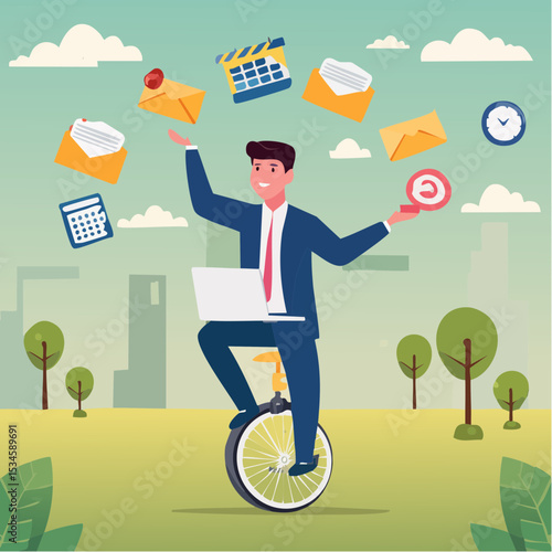 Productive master, productivity and project management skill, multitasking work and time management concept, skillful businessman riding unicycle juggling elements, laptop, calendar, ideas and email