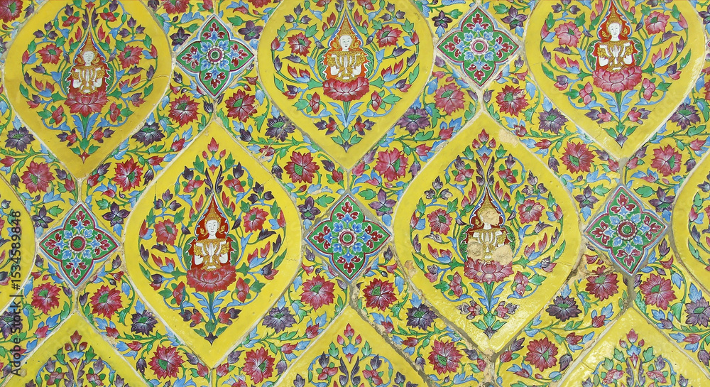 Decorative pattern of thai temple wall with vibrant colors and intricate floral designs Decorative pattern of thai temple wall with vibrant colors and intricate floral designs