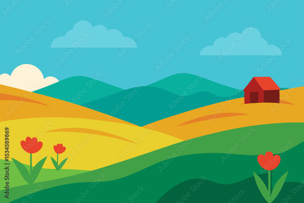 Fototapeta premium Serene Rolling Hills Landscape Farm, Tulips, and Sunny Skies