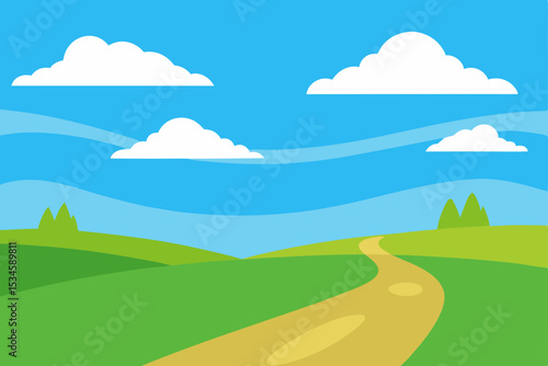 Serene Countryside Winding Path Through Rolling Green Hills Under a Sunny Sky