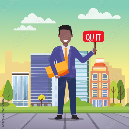 Quit full time job, resignation or end career, change job leaving company, employee termination, unemployment or burnout dissatisfaction exit layoff concept, businessman with stuff with quit job sig