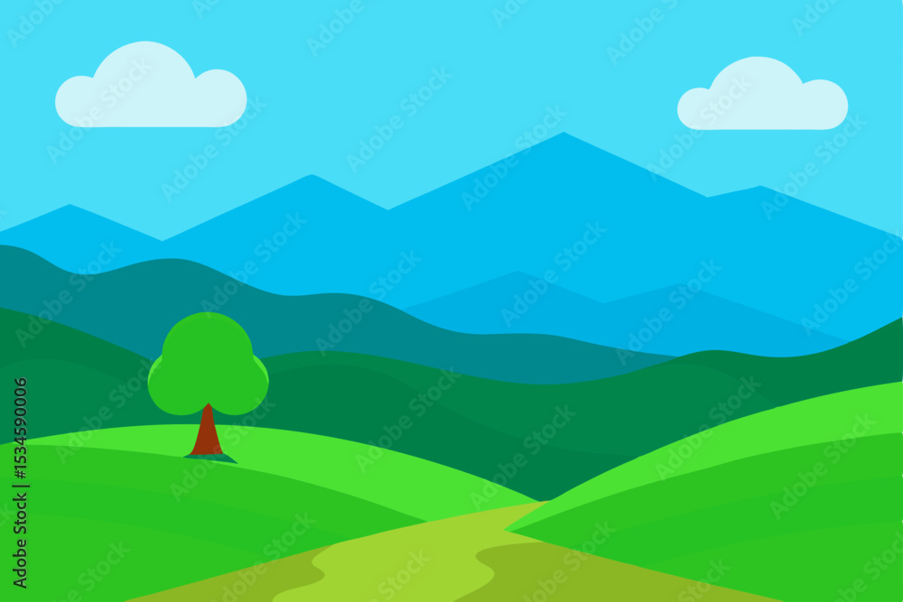 Fototapeta premium Serene Mountain Landscape A Picturesque View of Rolling Hills and Blue Mountains