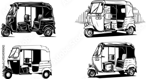 Black and White Vector Illustration of an Auto Rickshaw Vehicle
