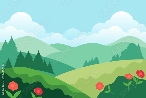 Serene Mountain Landscape Rolling Hills, Lush Greenery, and Vibrant Flowers