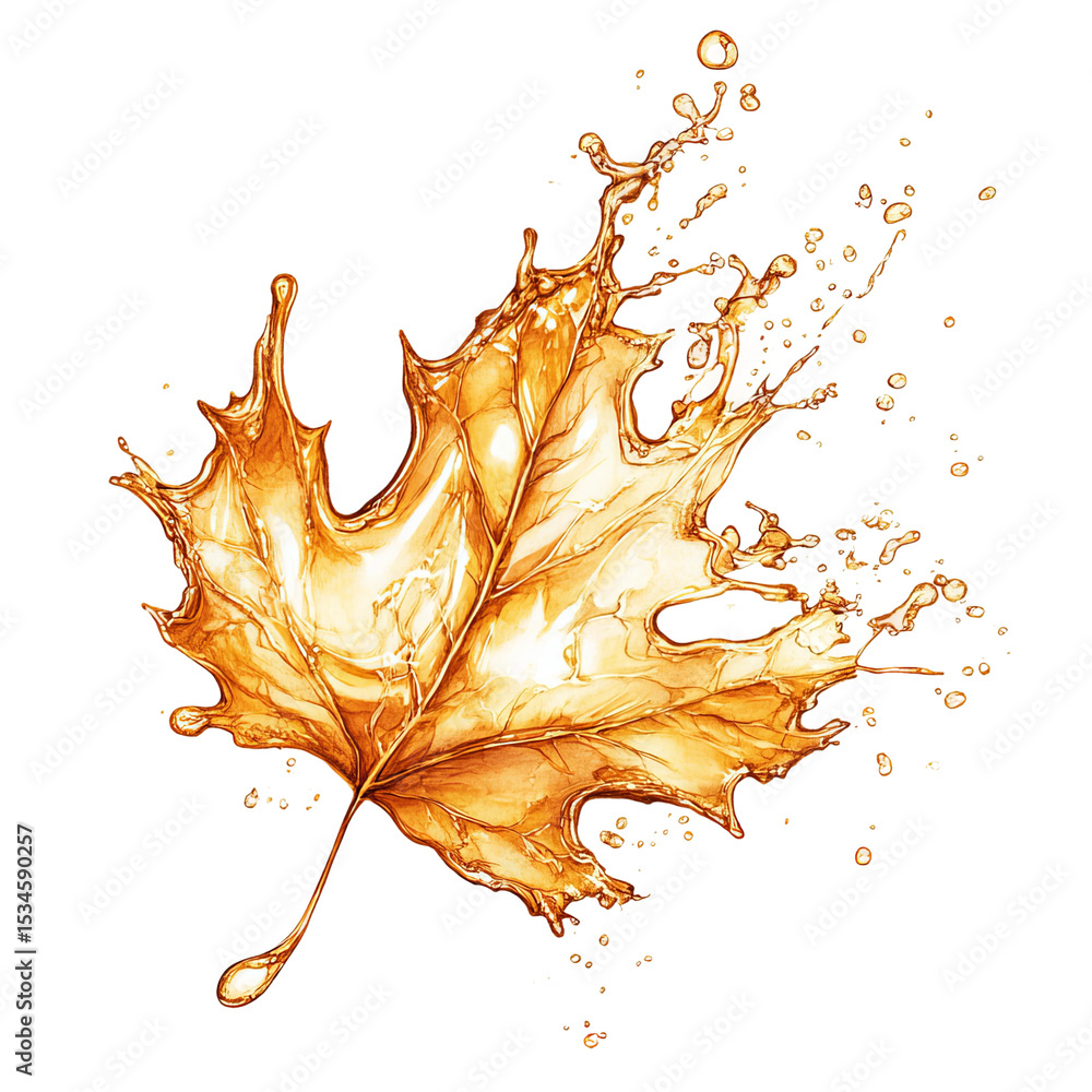 Naklejka premium Maple Leaf Syrup Splash: An evocative watercolor illustration depicts a maple leaf exquisitely crafted from splashing droplets of golden maple syrup, symbolizing sweetness and autumnal beauty.