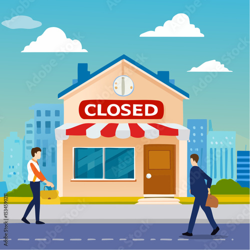 Close business, decision to stop operate company, office closing down out of business, store, end business signboard problem or recession concept, businessman walk away from closed company offic