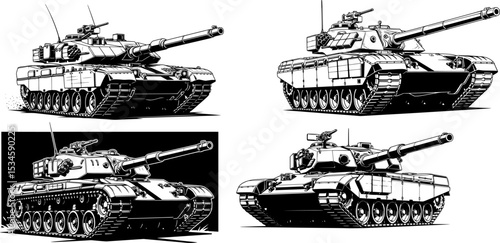 Bold black and white vector image of a formidable battle tank
