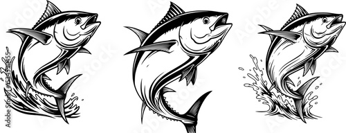 Majestic tuna fish leaps upwards in monochrome graphic illustration design
