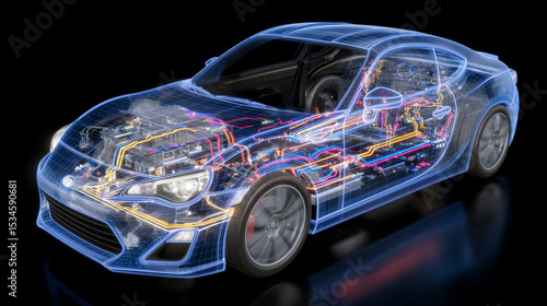 Transparent overlay showing the complex electrical network of a modern car, highlighting data lines, power distribution paths, and battery connections