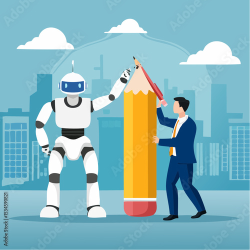 AI Artificial Intelligence work with human, robot or automation to help success, robot to replace human employment, job uncertainty concept, frustrated businessman working with pencil with AI robo