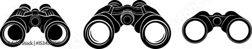 Black silhouette of binoculars on white background, symbolizing vision and observation
