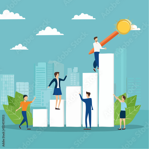 Teamwork to help business growth, team success or increase performance, improvement or growing business, career growth or effort to succeed concept, business people team help build growth graph char