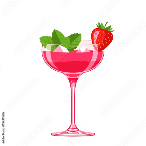 Refreshing pink cocktail with mint leaves and strawberry garnish  