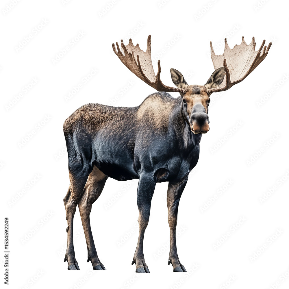 Fototapeta premium An impressive moose stands tall, its large antlers majestic against a clean backdrop, embodying the strength and wilderness of the animal kingdom.