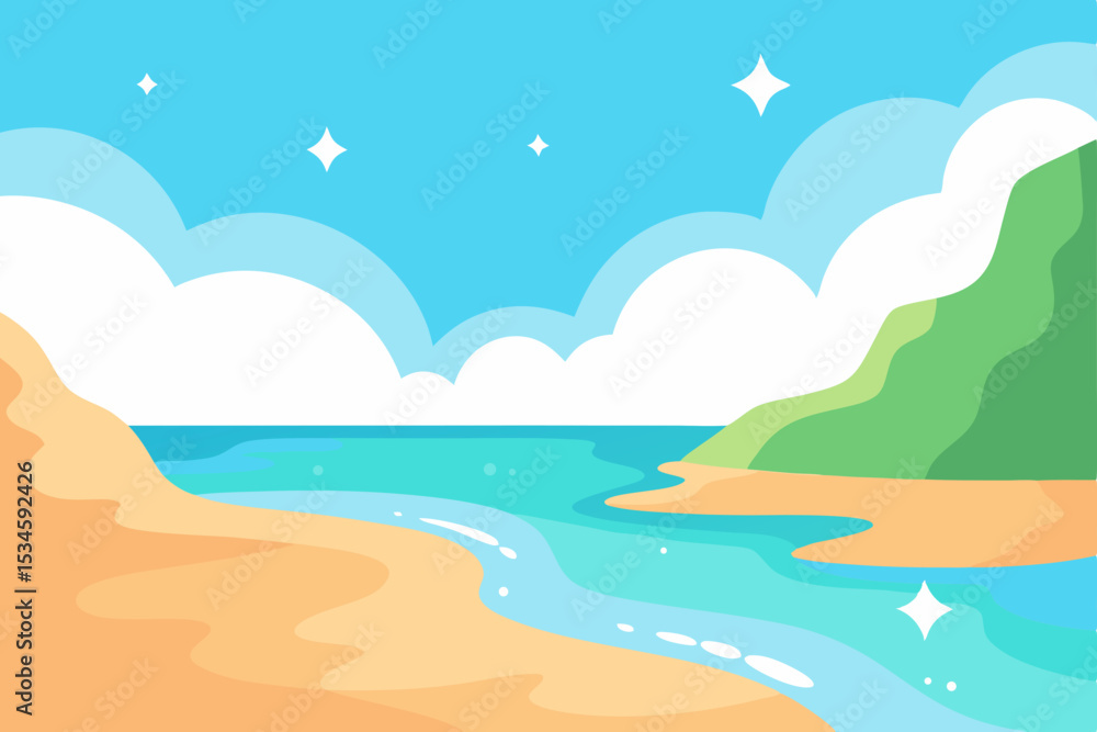 Fototapeta premium Serene Beachscape Tranquil Ocean, Sandy Shores, and Lush Green Hills