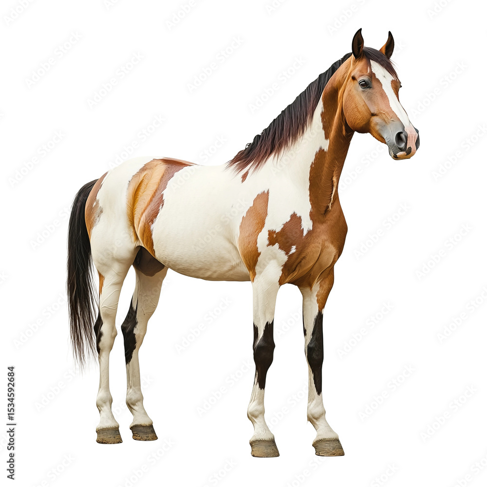Obraz premium A majestic horse showcases its beauty, its striking coat pattern and imposing physique against the backdrop of a serene landscape. Capturing the essence of equine elegance.