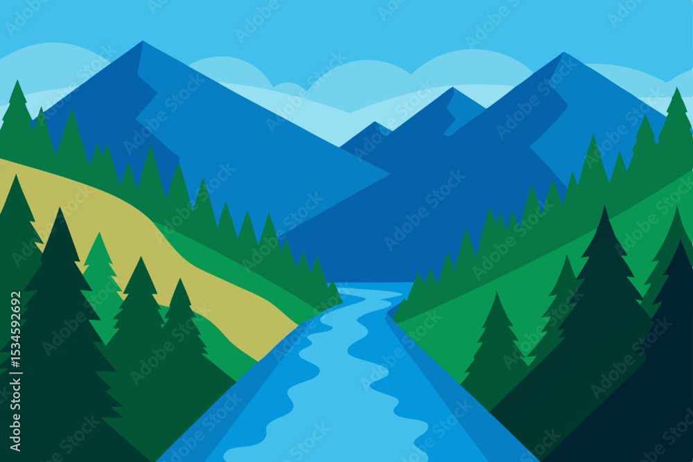 Fototapeta premium Serene Mountain River Landscape A Picturesque View of Nature's Beauty