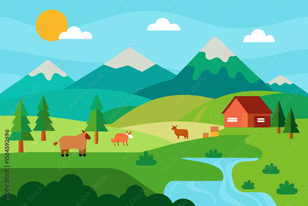 Fototapeta premium Serene Mountain Farm Landscape Picturesque Rural Scene with Animals