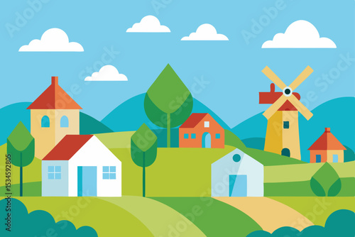 Charming Rural Village Landscape Houses, Windmill, and Rolling Hills Illustration