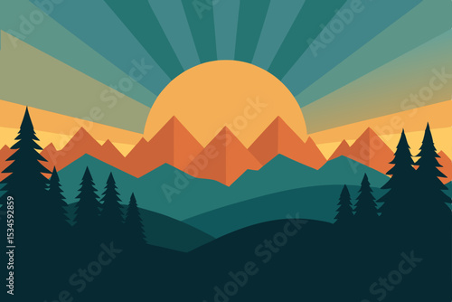 Retro Sunset Mountain Landscape A Vintage Illustration of Majestic Peaks and Serene Forest