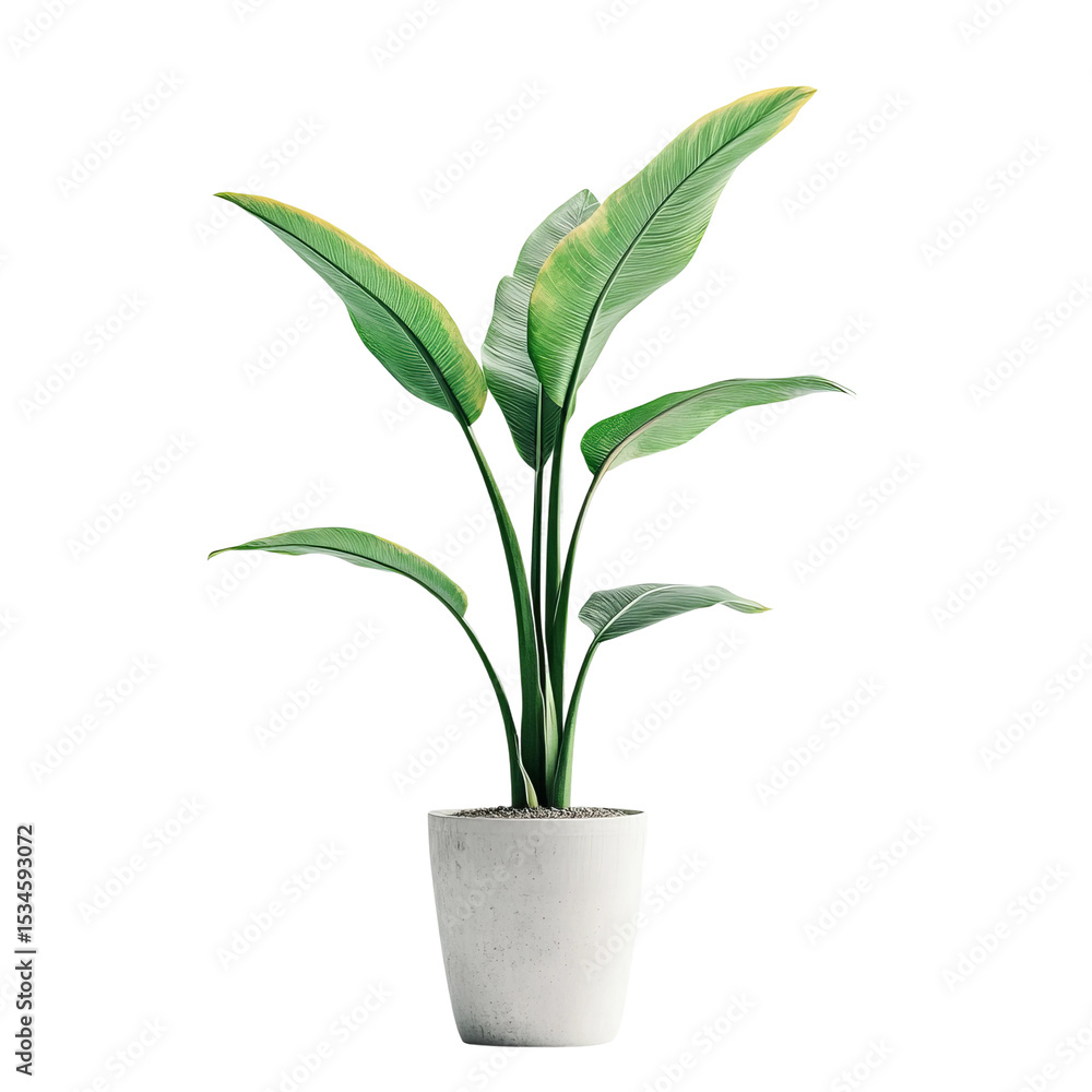 Fototapeta premium Bird of paradise plant in a grey pot, isolated on white background.&nbsp;
