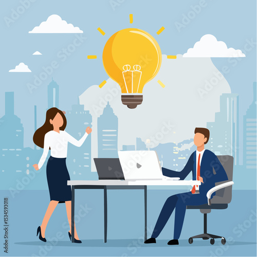 Solution expert solving problem or leader giving advise in meeting discussion, thinking for solution, creativity or professional to help, eureka moment concept, businessman with bright lightbul