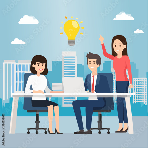 Solution expert solving problem or leader giving advise in meeting discussion, thinking for solution, creativity or professional to help, eureka moment concept, businessman with bright lightbul