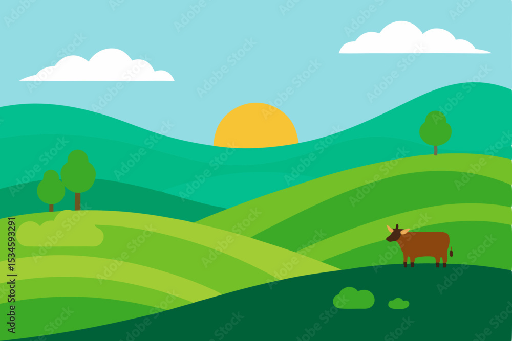 Obraz premium Serene Sunrise Over Rolling Green Hills and Grazing Cow A Pastoral Landscape Illustration