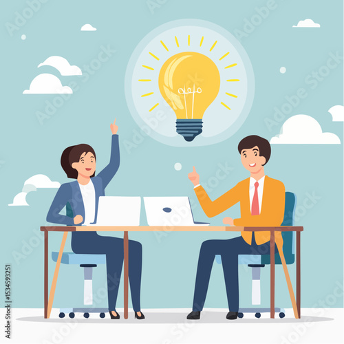 Solution expert solving problem or leader giving advise in meeting discussion, thinking for solution, creativity or professional to help, eureka moment concept, businessman with bright lightbul