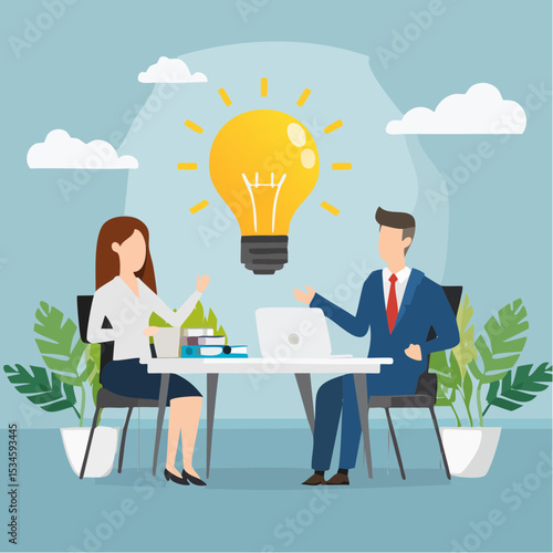 Solution expert solving problem or leader giving advise in meeting discussion, thinking for solution, creativity or professional to help, eureka moment concept, businessman with bright lightbul