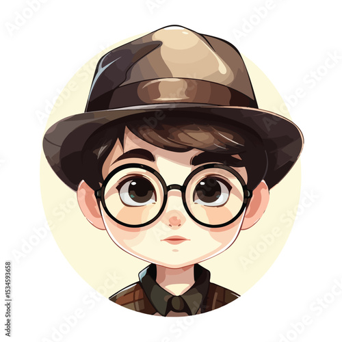 Professional Cartoon Avatar of a Little Kid Boy with Glasses and Hat for Multiple Usage