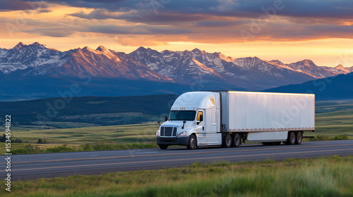 Long-haul semi-truck driving on an open highway at sunset, surrounded by wide plains and mountains in distance