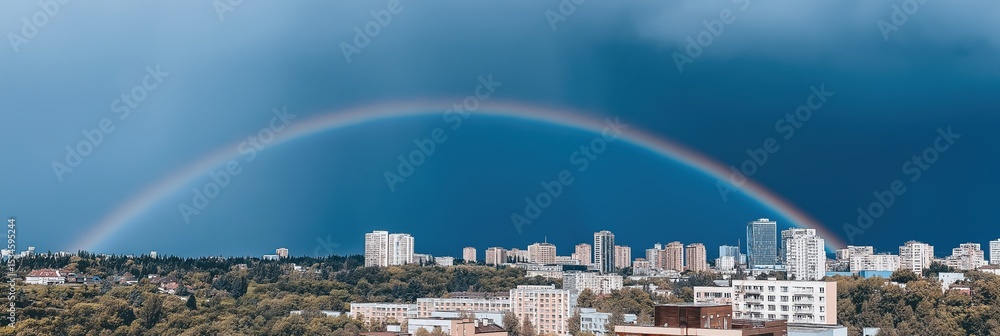 Fototapeta premium A rainbow is seen over a city with tall buildings. The sky is cloudy and the rainbow is bright and colorful